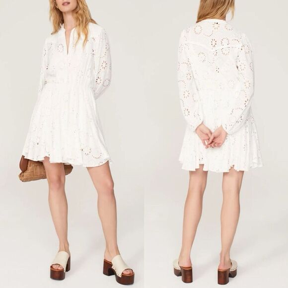 MAJE Rapala Dress Women 40 Large Eyelet Mini A-Line White Lined Pockets Viscose - Picture 1 of 16
